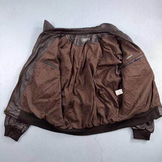 Bally Brown Leather Jacket Mens Size 44 Bomber Coat Made in Italy Soft Wool