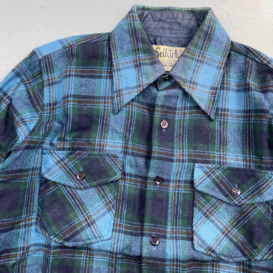 VTG 70s Selkirk Wool CPO Shirt Jacket Blue Green Plaid Rockabilly 1970s