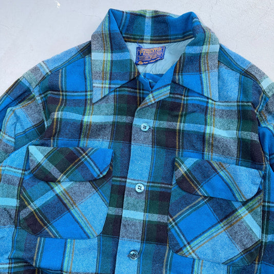 VTG 70s Pendleton Blue Plaid Pure Virgin Wool Board Shirt USA Camp Rockabilly