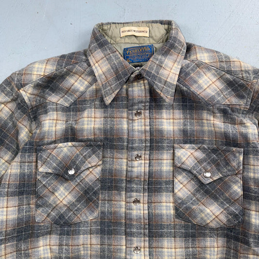 Pendleton VTG 100% Virgin Wool Western Plaid Shirt Pearl Snap Gray High Grade