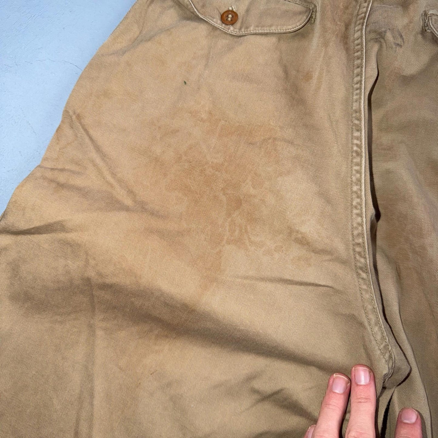 VTG 40s WWII Button Fly Cotton Military Trousers Chino Khaki Distressed 28x31