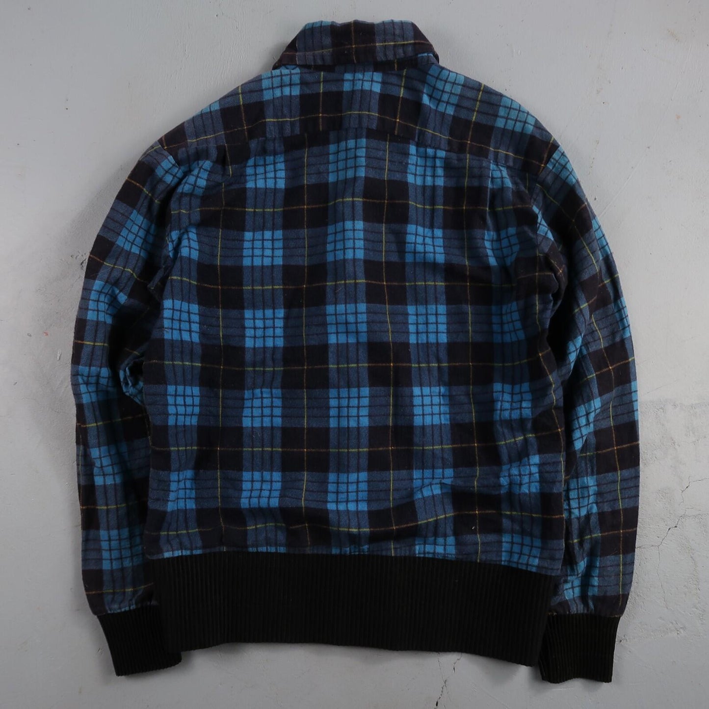 VTG 1970s Men's L Blue Flannel Shirt Black Ribbed Ricky Monzini USA Rockabilly