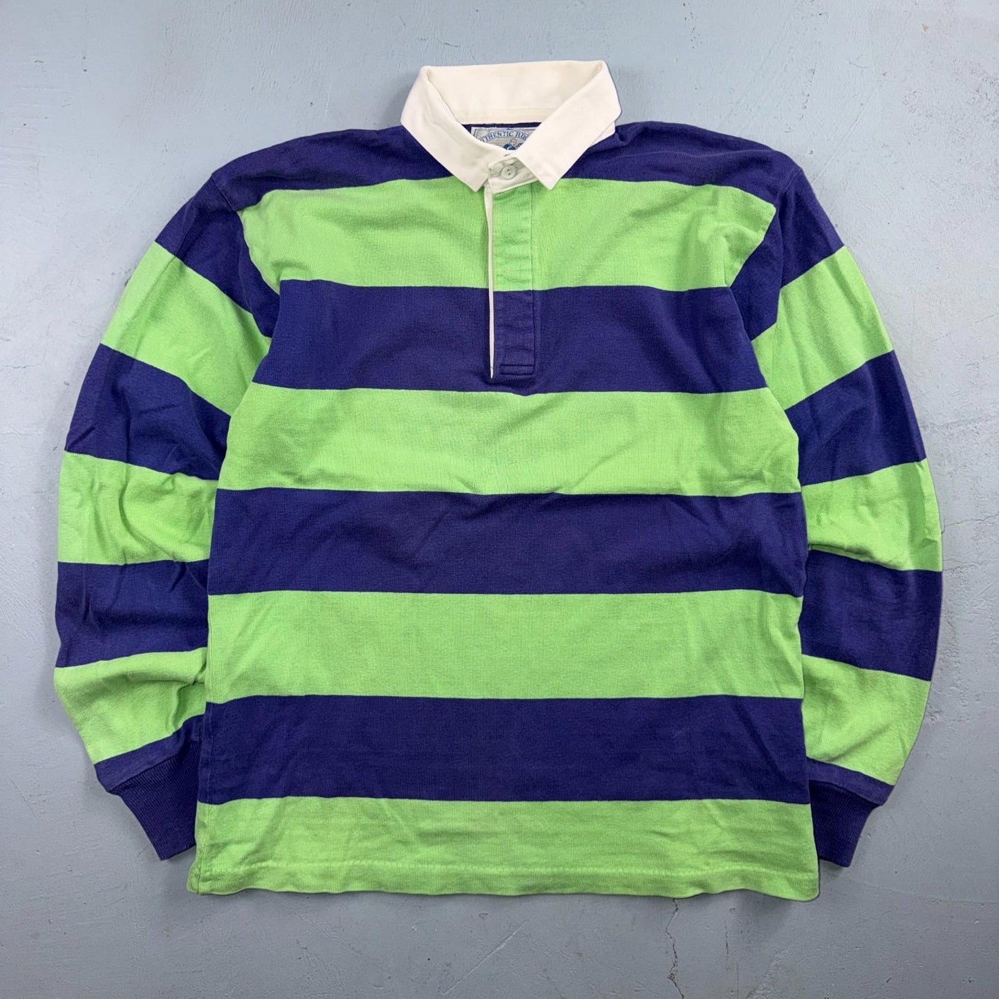 VTG Lands End Rugby Shirt Mens M Heavy Cotton Polo 80s 90s USA Stripe Blue Green