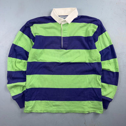 VTG Lands End Rugby Shirt Mens M Heavy Cotton Polo 80s 90s USA Stripe Blue Green