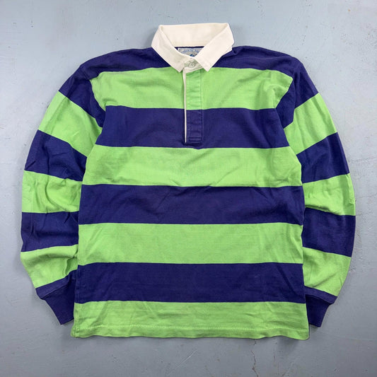 VTG Lands End Rugby Shirt Mens M Heavy Cotton Polo 80s 90s USA Stripe Blue Green