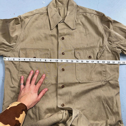 Vintage 40s WWII Gusset Khaki Work Army Military Button Shirt Stencil USN