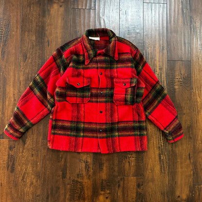 Vtg 60s Rockabilly Grunge Mens Double Pocket Plaid Flannel Shirt Jac 1960s Red