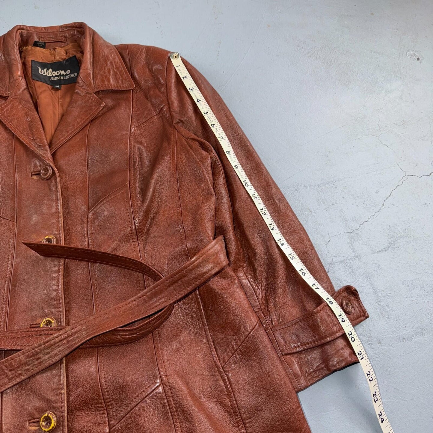 VTG Wilsons Women's Brown 100% Leather Jacket Trench Car Coat Belted 80s 90s