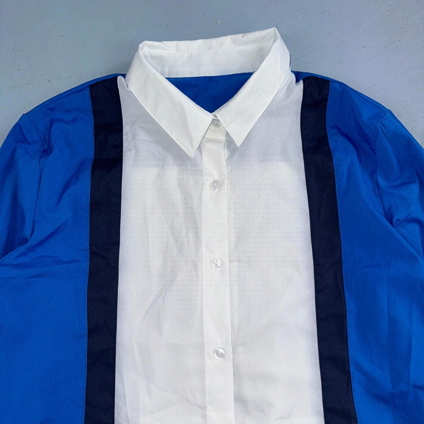 White Blue Long Sleeve Button Up Womens L Vintage 90s China Abstract Striped