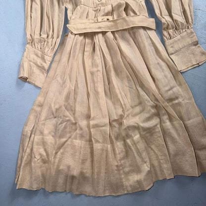 Vintage 1970s Shirtwaist Dress Beige Pleated Skirt Long Sleeve Belted Cute 70s