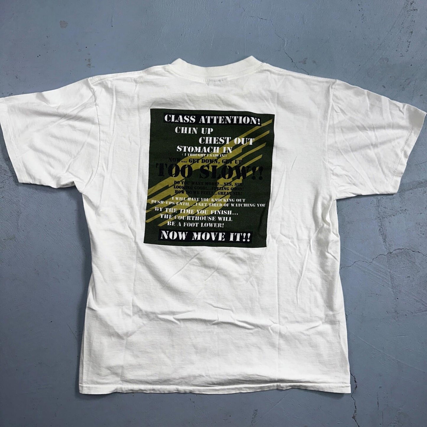 Oneita Boot Camp Aerobics VTG T Shirt Military Too Slow Class Attention USA