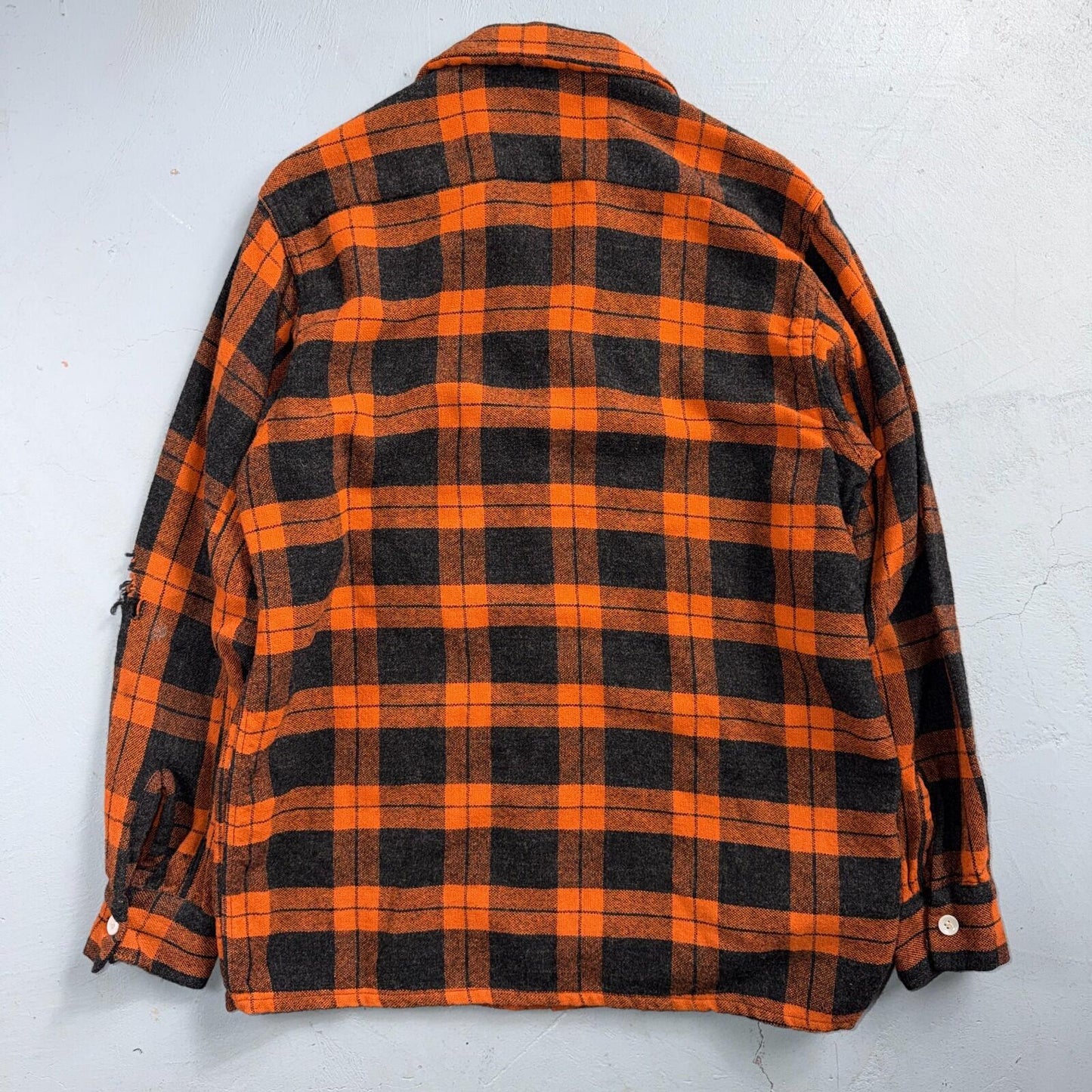 VTG 50s Fruit of Loom Shirt Orange Plaid Wool Button Loop Collar Rockabilly 1950