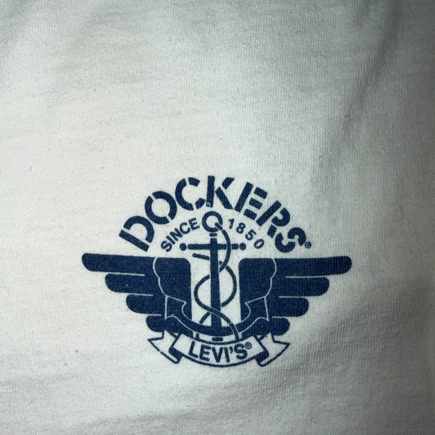 VTG 80s Dockers Levis Long Sleeve T Shirt Spellout Sleeve Logo Made USA Big E