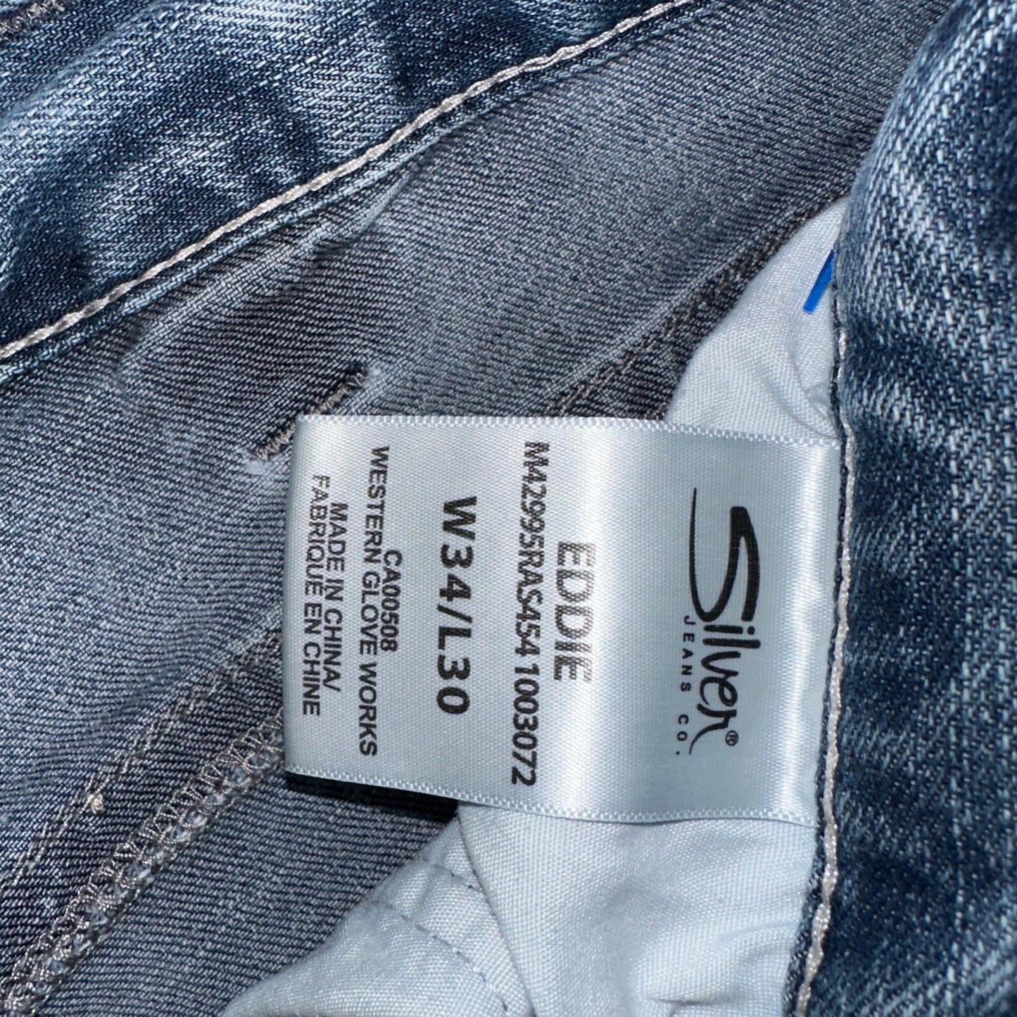 Silver Jeans Mens 34x30 Eddie Blue Denim Stretch Straight 5 Pocket Whiskering