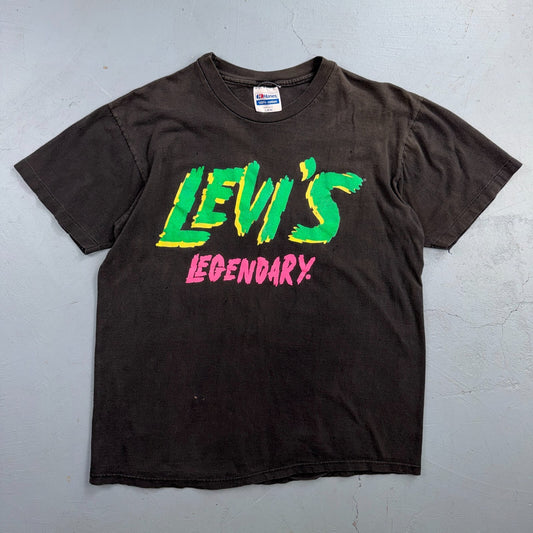 Levis Legendary VTG T Shirt Graphic Tee Black Thrashed Cool Neon Single Stitch