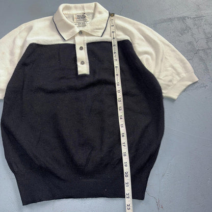Vintage 1960s Cardigan Sweater Womens Sz M Black White Short Sleeve Polo 60s