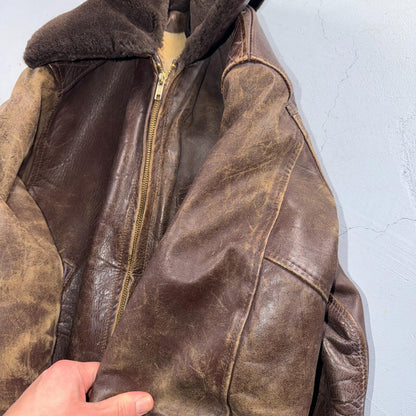 VTG WWII Horsehide Leather Zip Up Bomber Jacket Fur Collar 40s 50s A2 Civilian