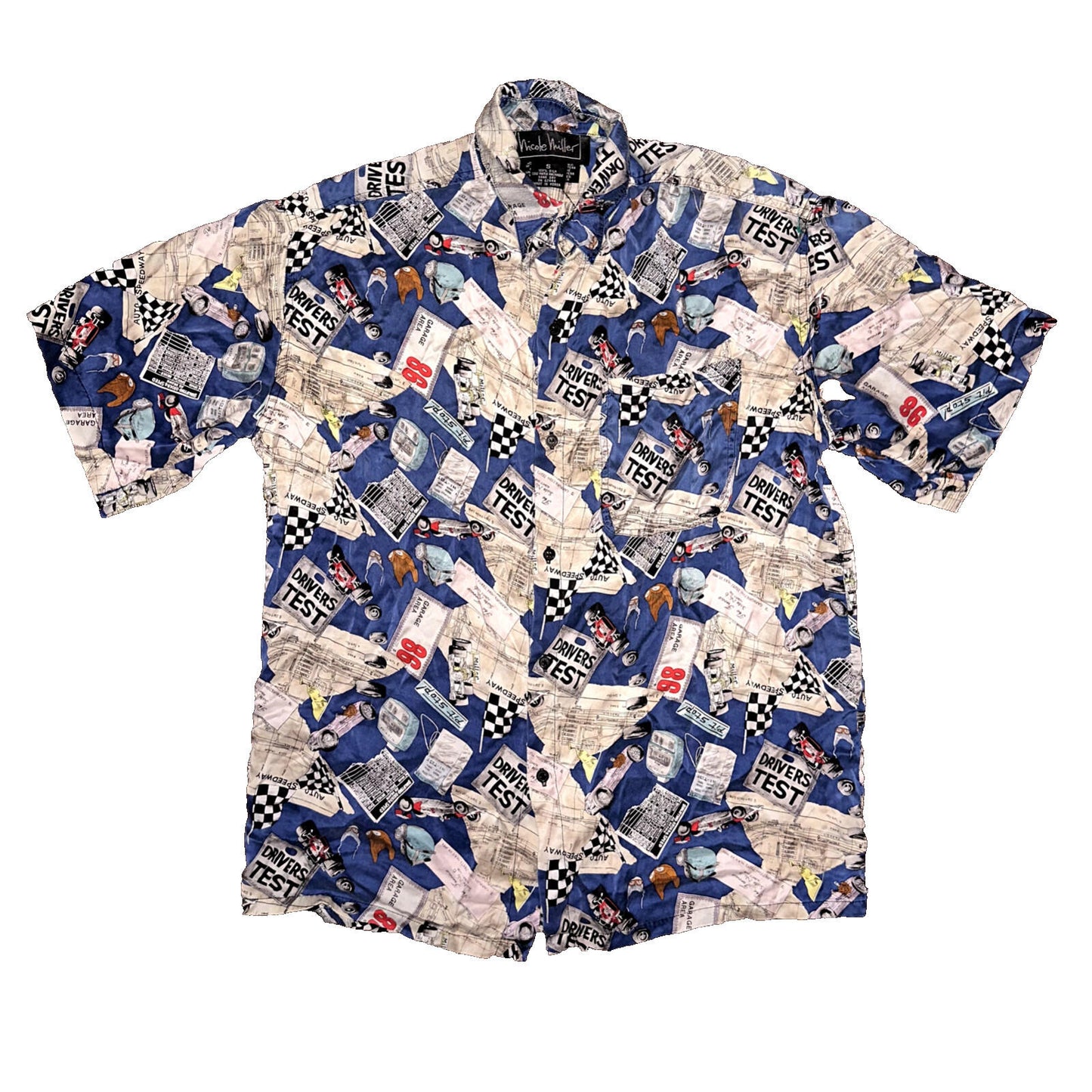 Nicole Miller 100% Silk Shirt Vintage 1994 Limited Quantities Cars Drivers Test