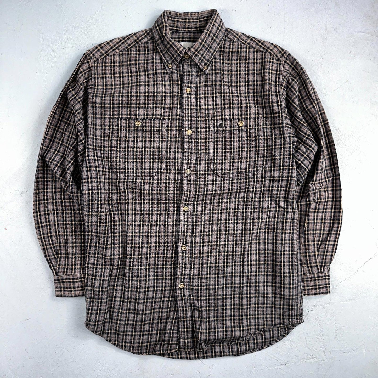 Carhartt Flannel Shirt M S249 BLK Black Brown Pockets Heavy Weight Medium