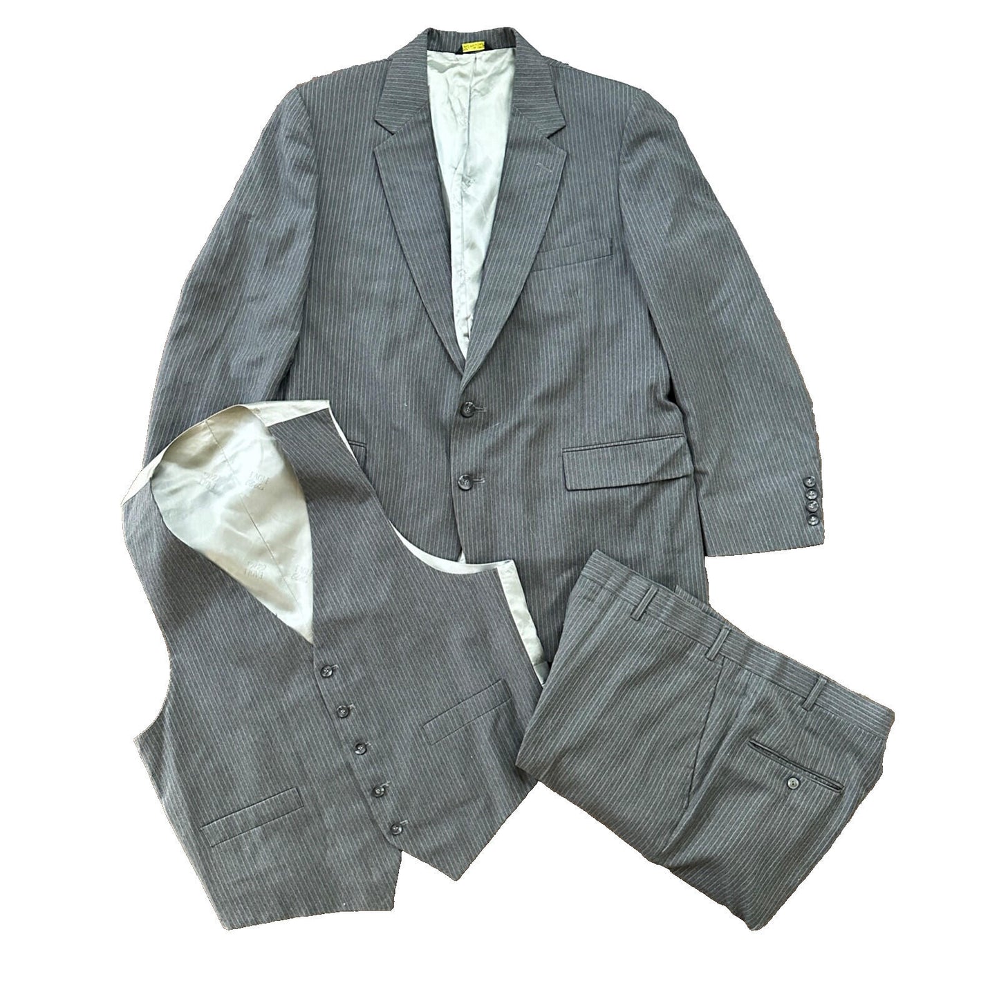 Vtg USA Eagles Pinstripe Mens Gray Wool 3 Pc Suit 42 Vest 33x30 1980s Vest