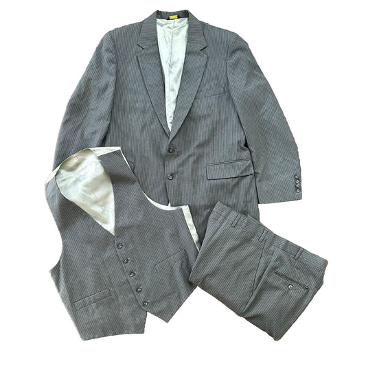 Vtg USA Eagles Pinstripe Mens Gray Wool 3 Pc Suit 42 Vest 33x30 1980s Vest