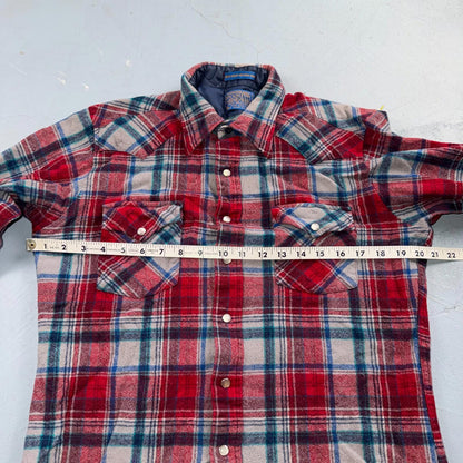 Pendleton VTG 100% Virgin Wool Western Plaid Shirt Pearl Snap Red High Grade