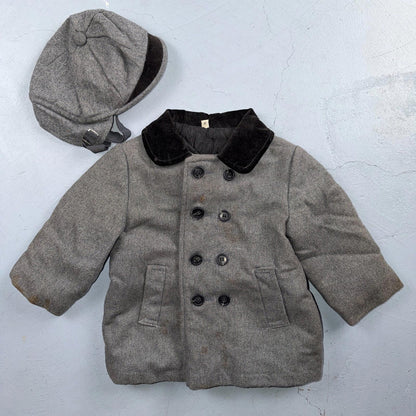 Union Made 1960s Double Breasted Coat Jacket Black Wool 2T Size 2 Toddler Hat