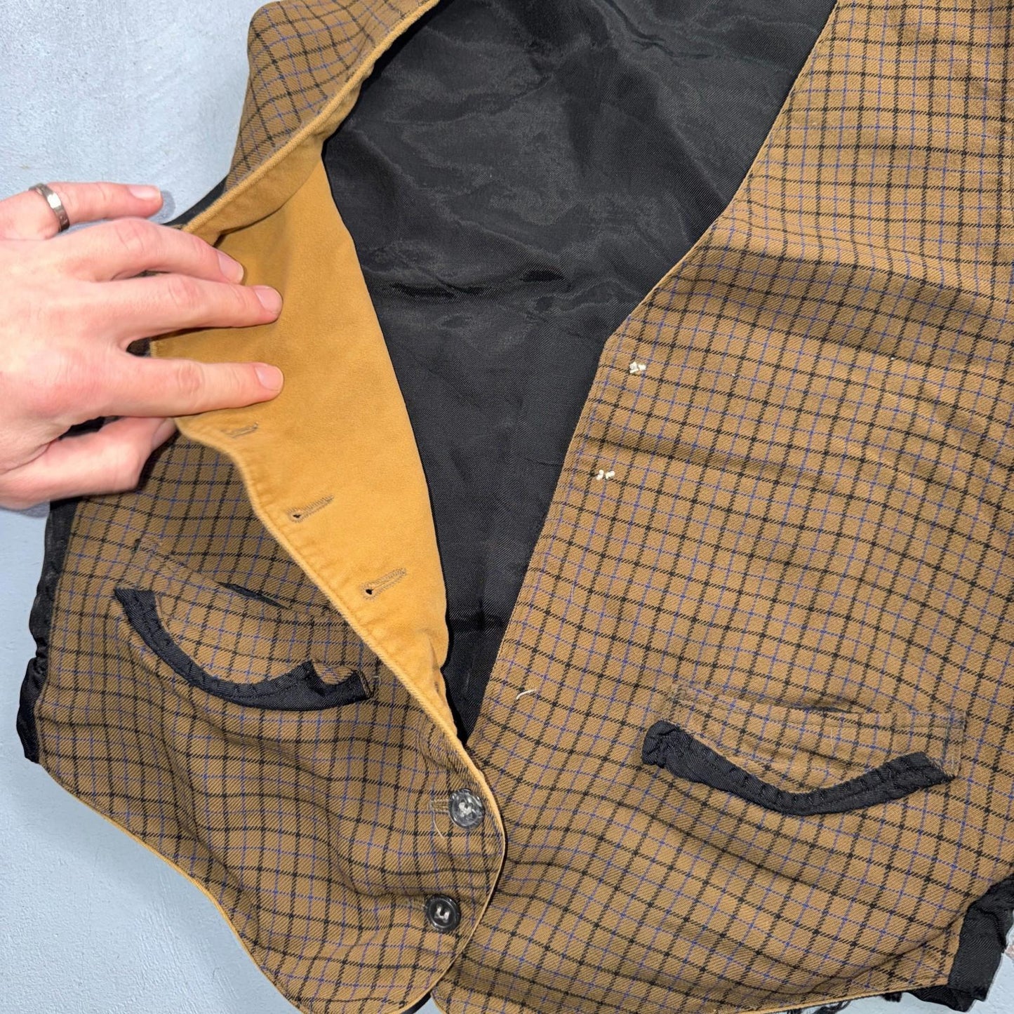 VTG Buckle Back Vest Mens Black Waistcoat Size S 1940s 1950s Plaid Double Sided