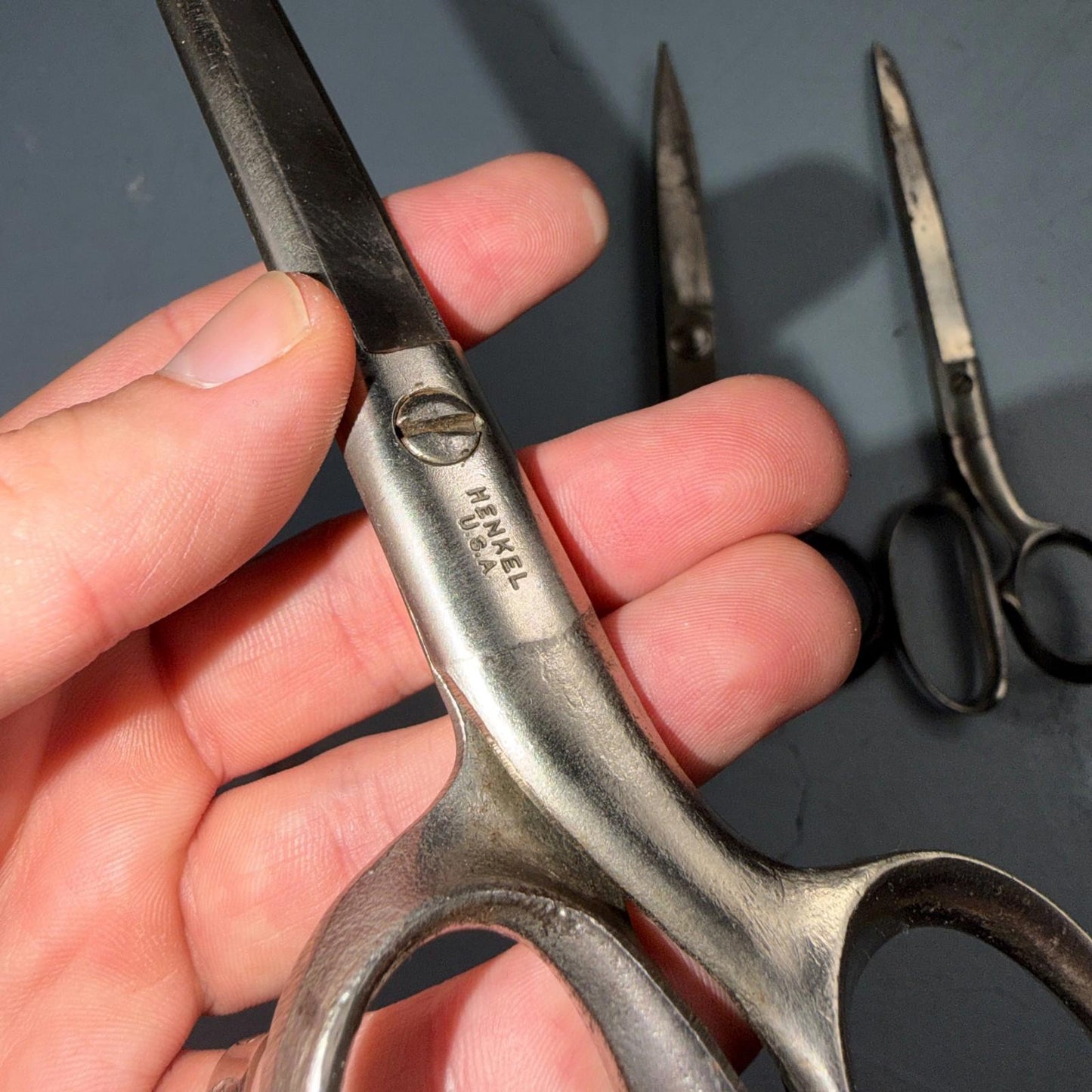 4 Pairs of Used Vintage Scissors Silver Handle Henkel Italy Steel Rare 60s