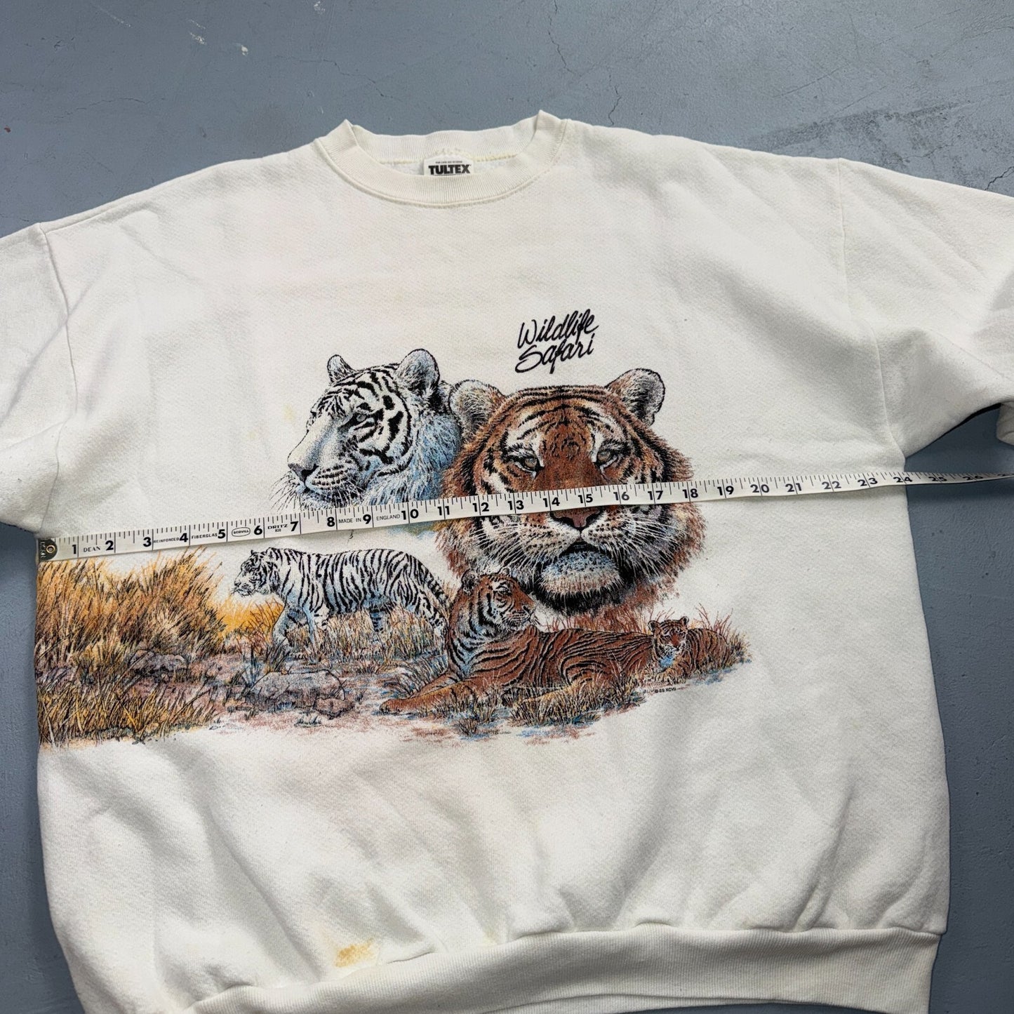 VTG 90s Wildlife Safari Tiger Sweatshirt White Tultex Made USA XL Big Cats AOP