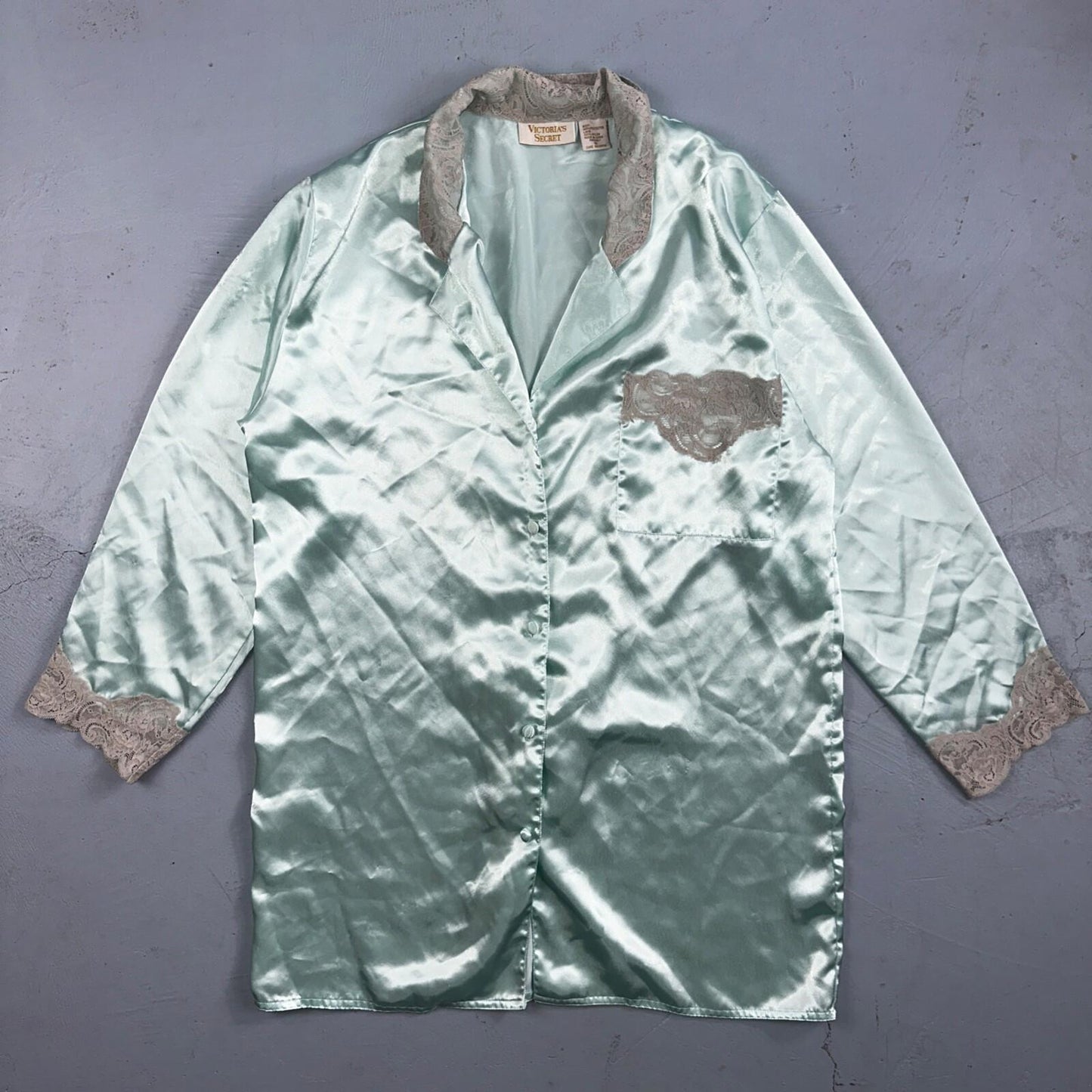 Vintage Victoria’s Secret Green Mint Satin Button Pajama Shirt Dress S 1990s