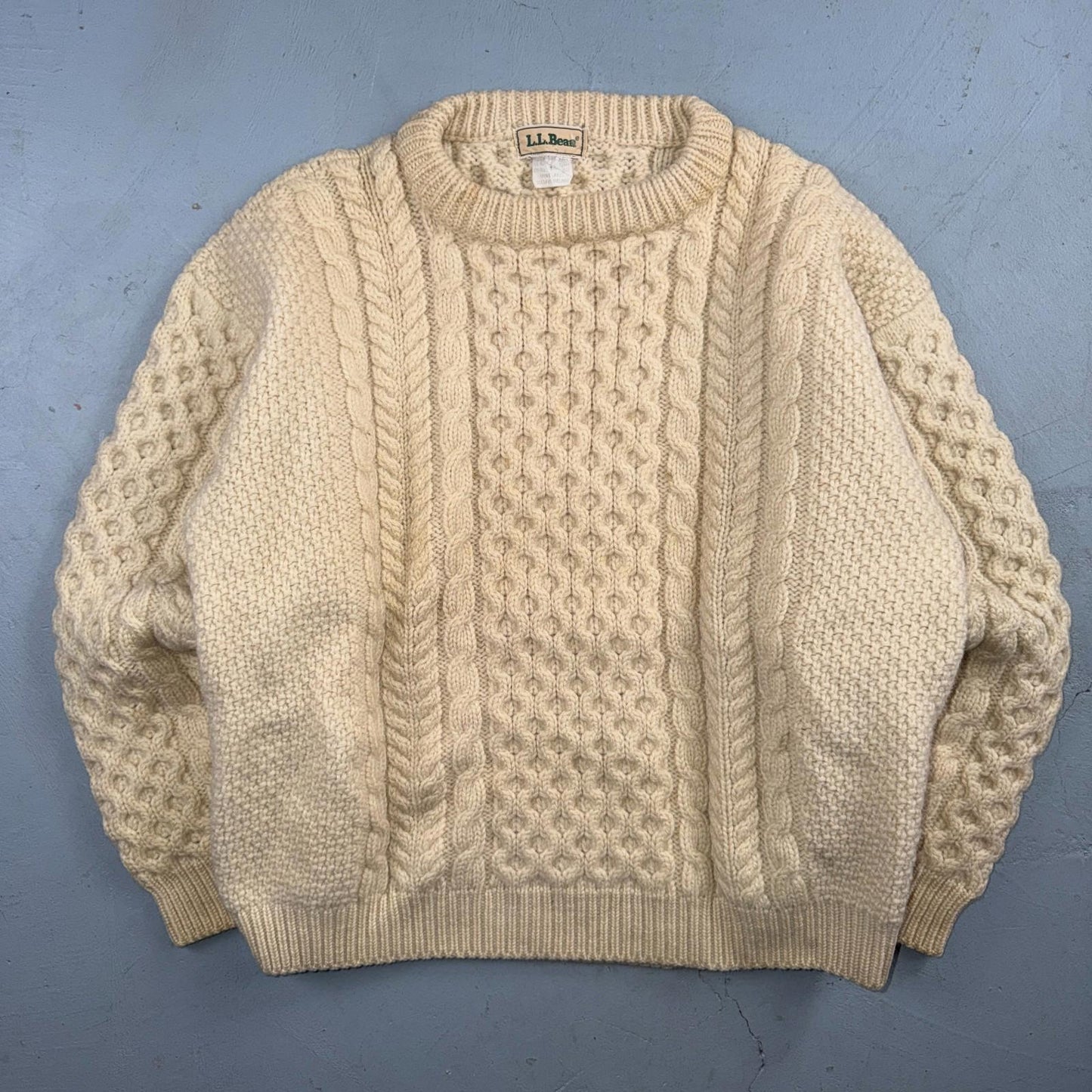 L.L. Bean L Men's Vintage Cable Knit Fisherman Sweater Sz Large Ivory/Cream