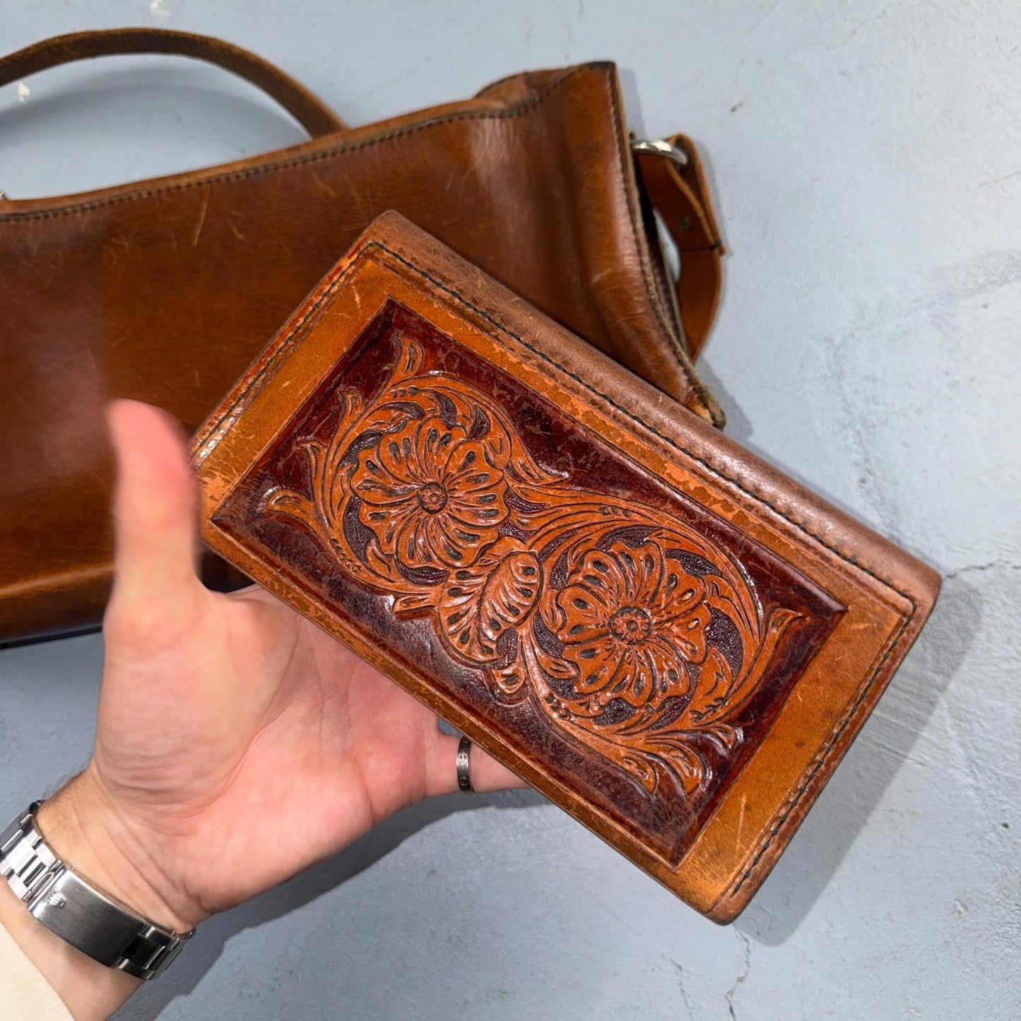 VTG Leather Bag Clutch Western Hand Tooled Leather Purse Saddle Brown Wallet