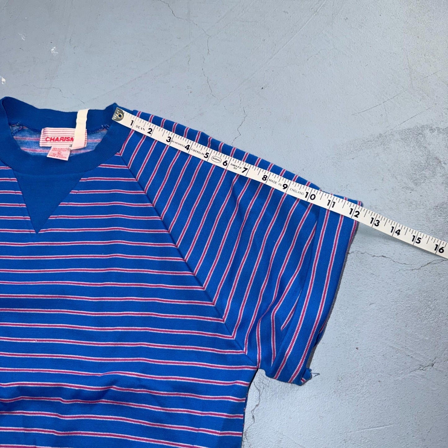 Charisma Striped Pullover Sweater Blue Aqua Ski Short Sleeve 1980s Euro VTG