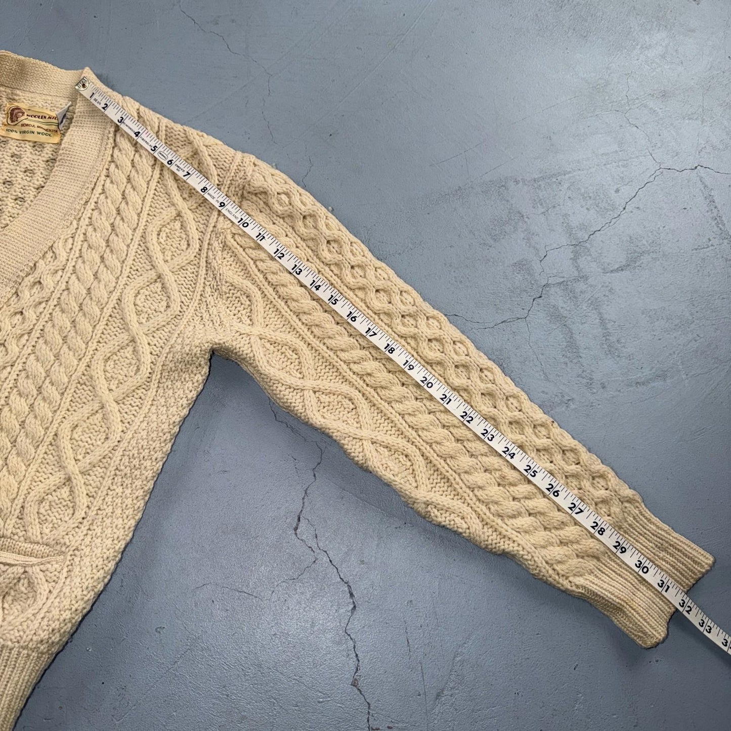 Bemidji VTG Woolen Mills Cream Cable Knit Cardigan Sweater Fisherman Boho 1970s