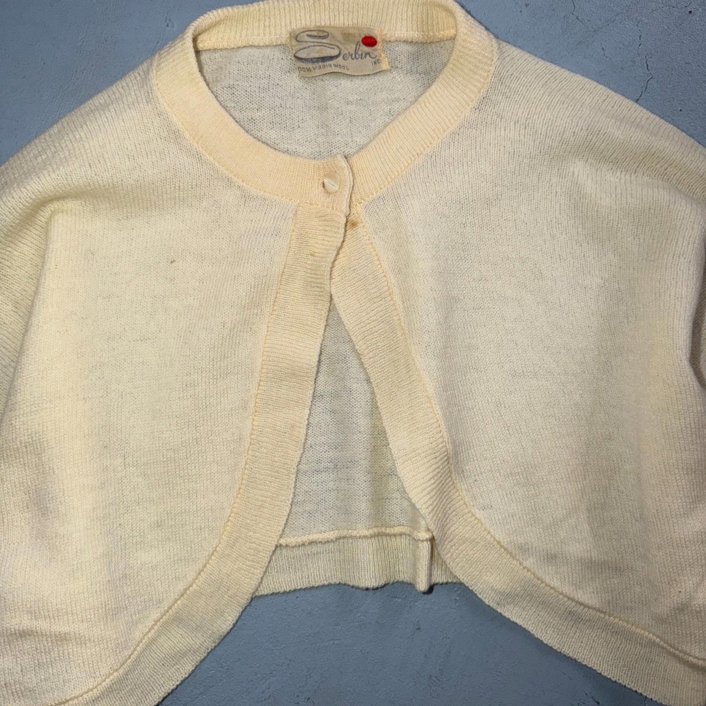 VTG 1940s 1950s Wool Caridgan Sweater Rockabilly Womens Mod Knit Ivory Shawl