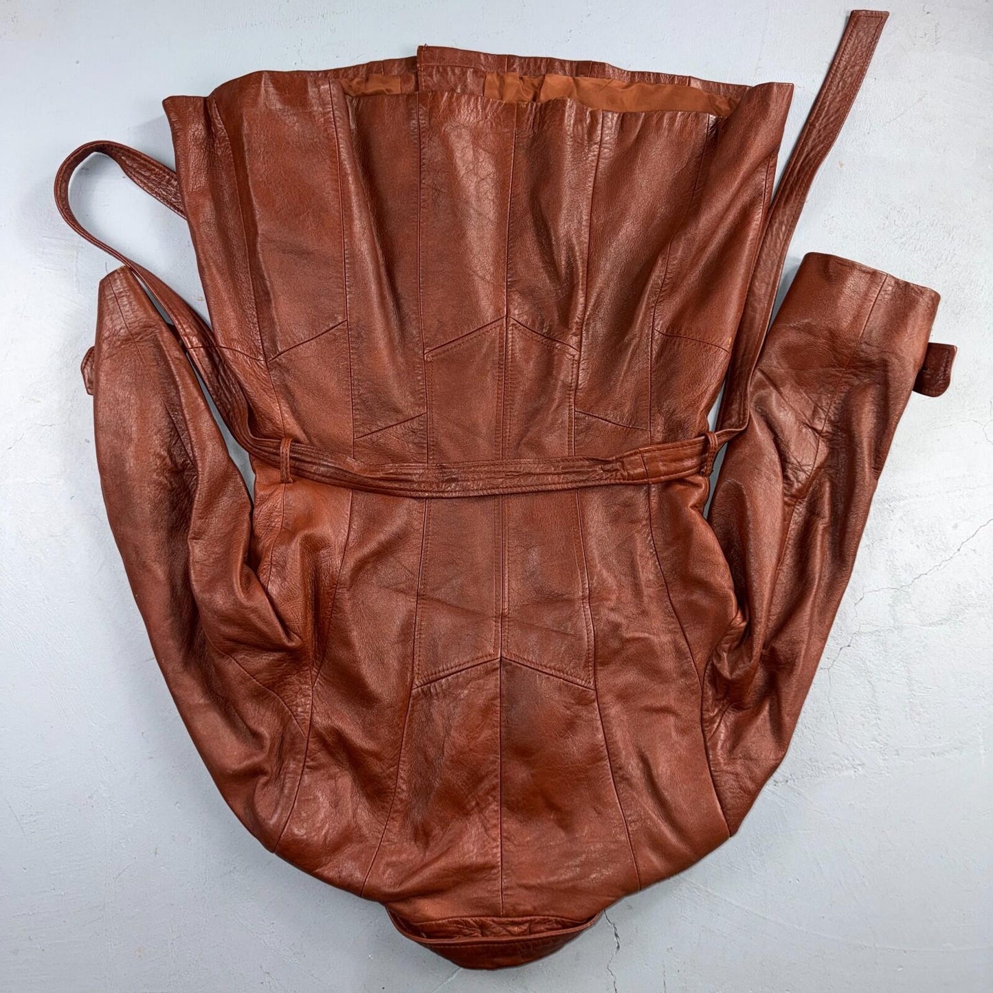 VTG Wilsons Women's Brown 100% Leather Jacket Trench Car Coat Belted 80s 90s