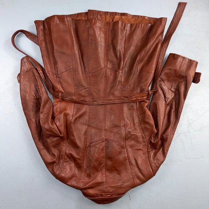 VTG Wilsons Women's Brown 100% Leather Jacket Trench Car Coat Belted 80s 90s