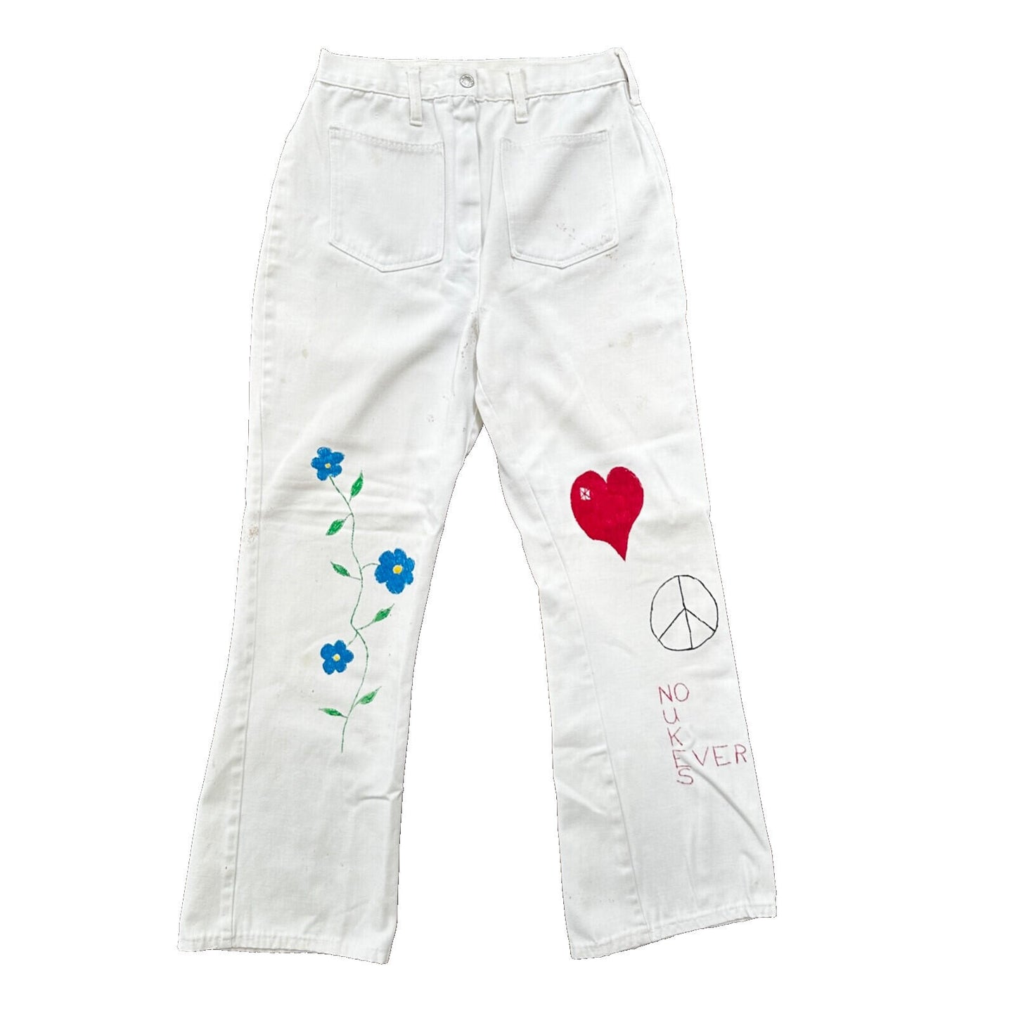 VTG 1960s Rockabilly 26x27 USA Hand Drawn Political No Nukes White Art Pants 60s