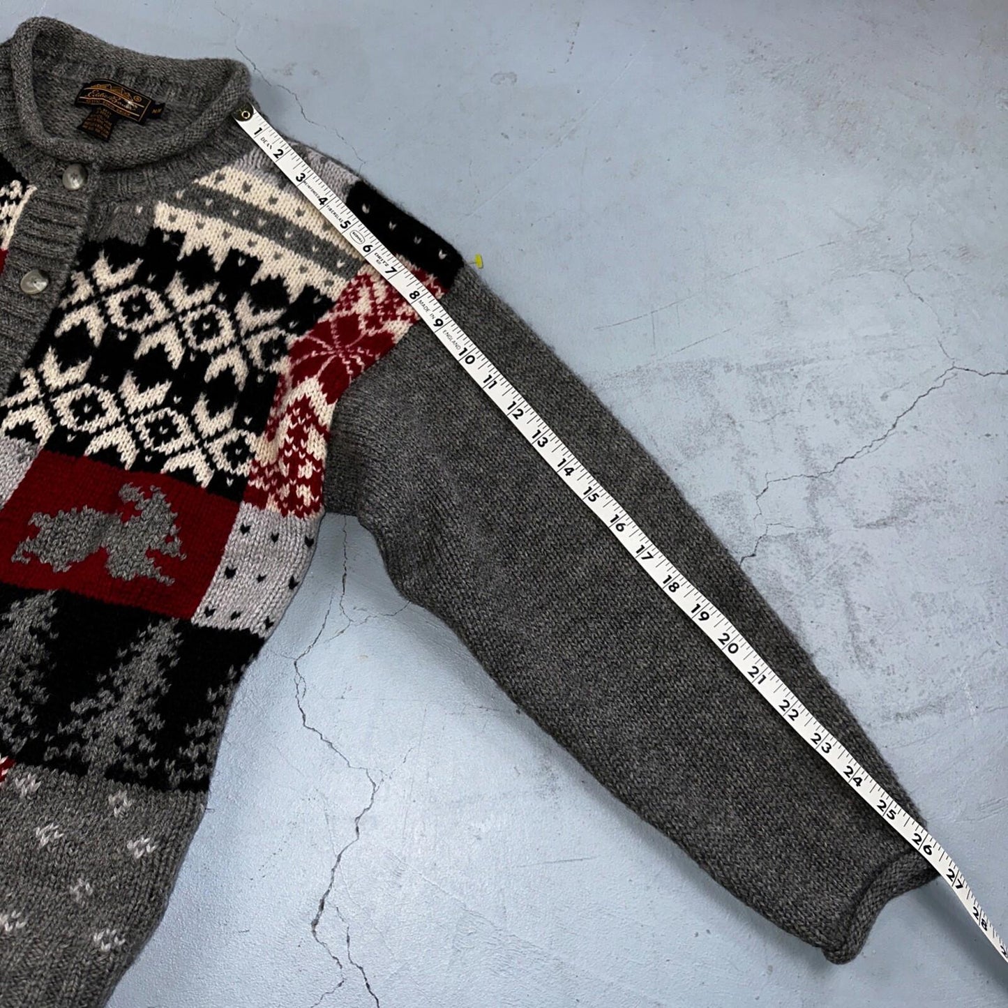 Vintage Eddie Bauer Cardigan Sweater Sz M Gray Snowflake Nordic Patchwork Wool