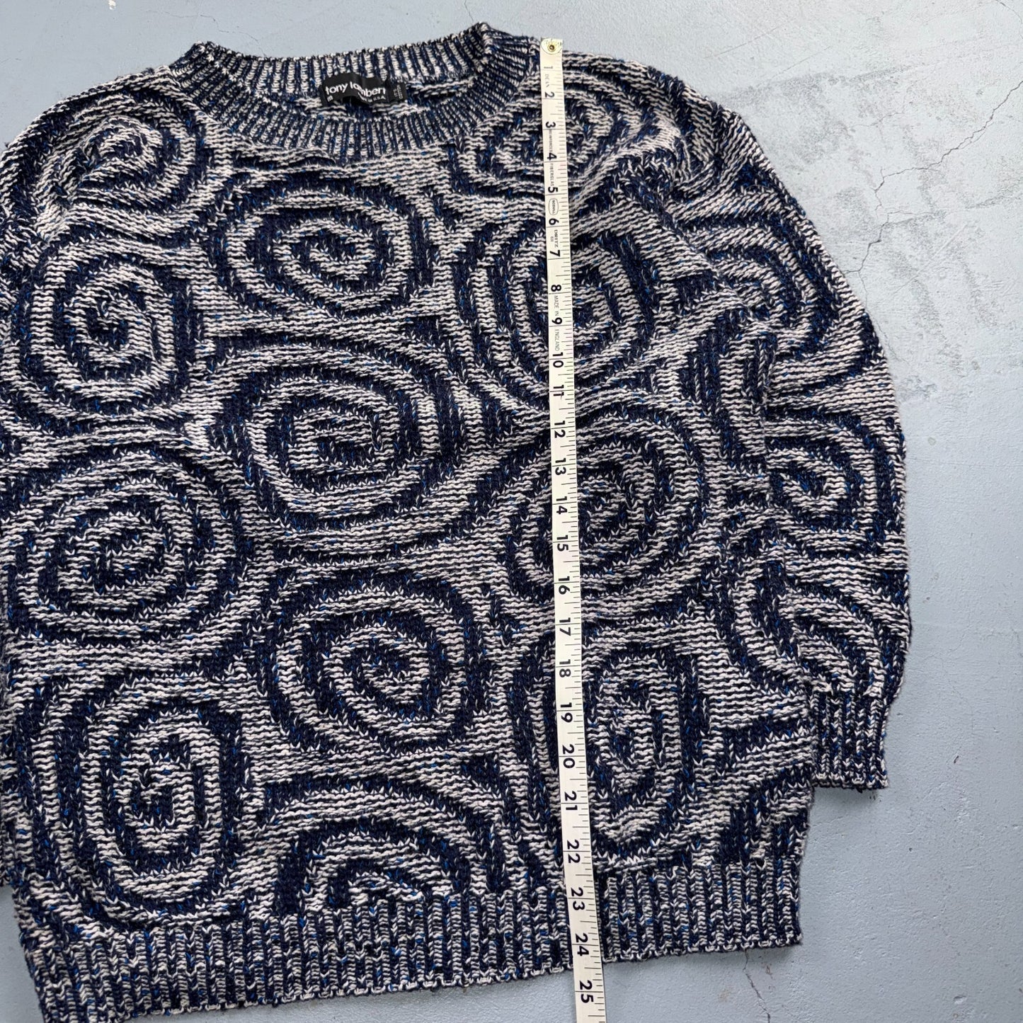 VTG RARE 90s Tony Lambert Textured Knit Sweater Blue White Abstract Made USA M