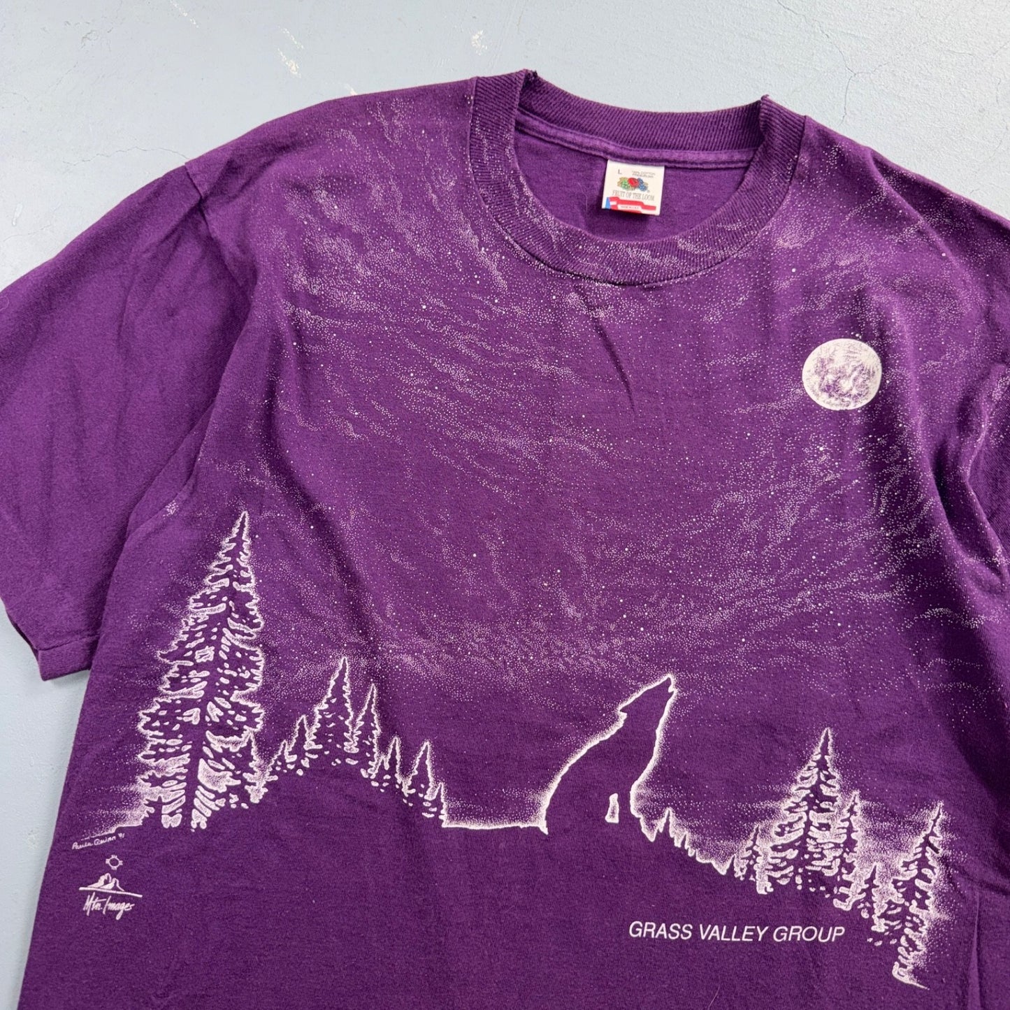 VTG 90s Grass Valley Group Wolf Moon Nature Art T Shirt Purple Fruit Of The Loom