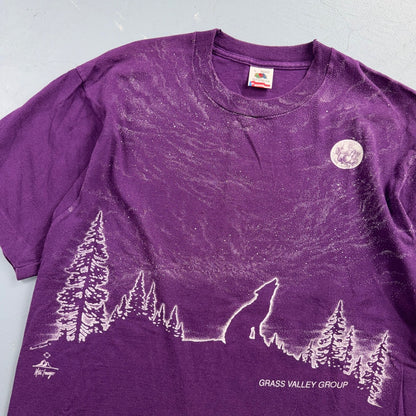 VTG 90s Grass Valley Group Wolf Moon Nature Art T Shirt Purple Fruit Of The Loom