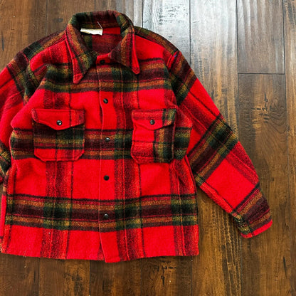 Vtg 60s Rockabilly Grunge Mens Double Pocket Plaid Flannel Shirt Jac 1960s Red
