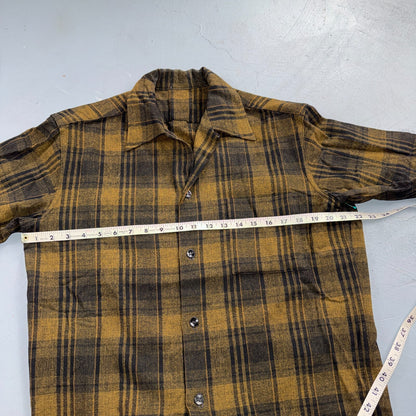 VTG 50s Brown Mustard Plaid Loop Collar Camp Shirt Rockabilly Atomic Shadow Wool