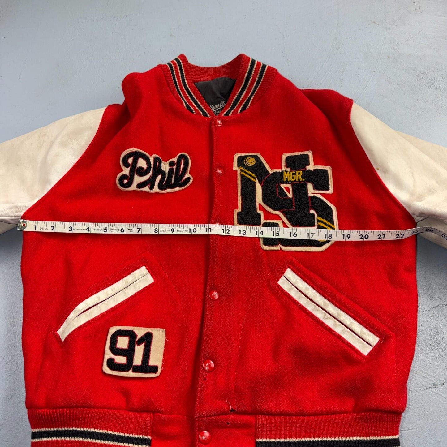 VTG 70s Nelson Varsity Jacket Letterman USA Made Leather Collegiate 44 Red Phil