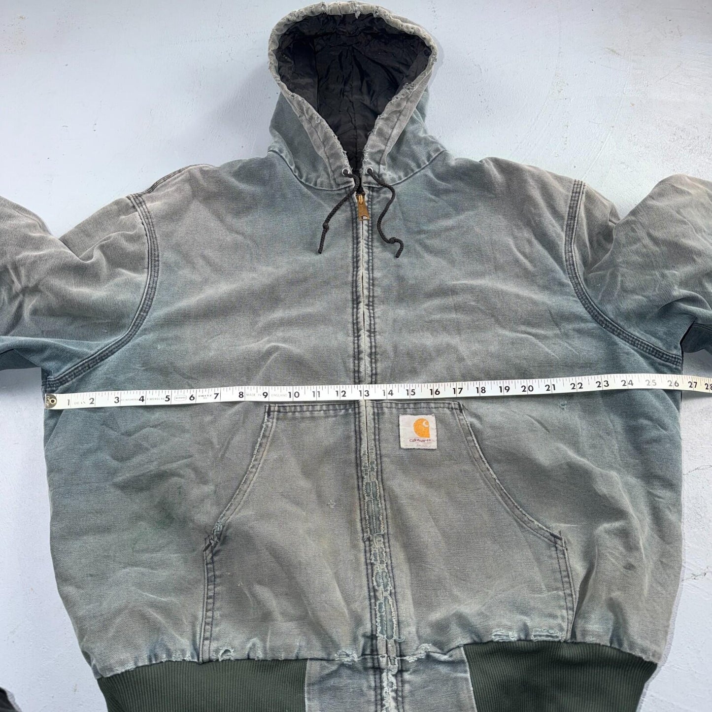 Vintage Carhartt Olive Green Hooded Jacket Bomber Coat Thrashed Faded 90s Y2K