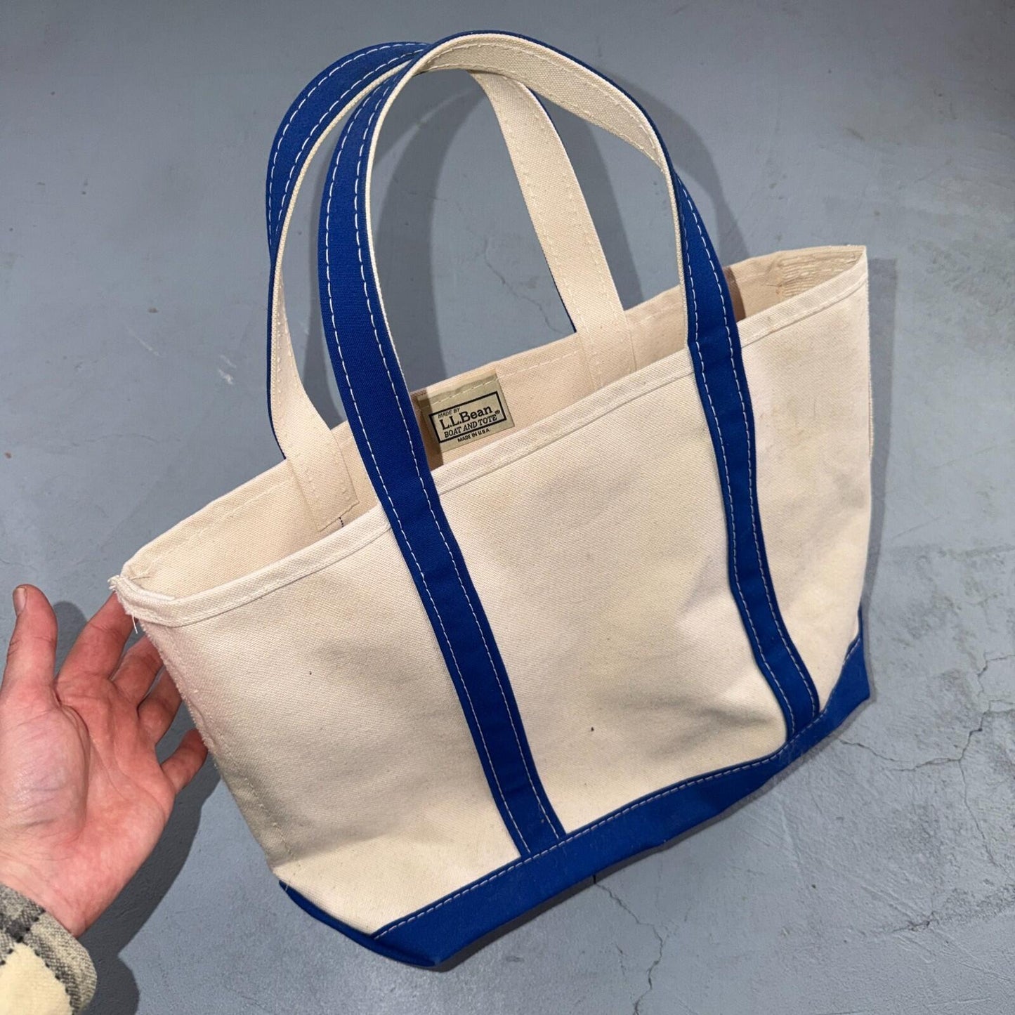 VTG LL Bean Boat & Tote Small Canvas Bag Navy Blue Freeport Maine 17x11x6
