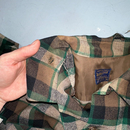 Pendleton 1950s Loop Collar Board Shirt Wool Plaid Flannel Shirt Brown Green VTG