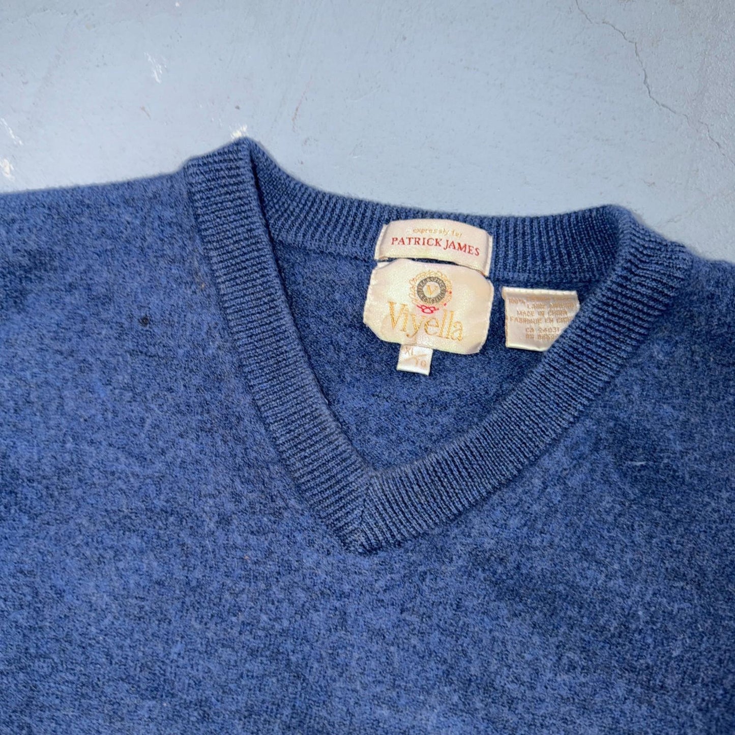 Patrick James Viyella V Neck Pullover Sweater 100% Merino Wool XL Shrunk Blue